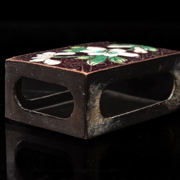 Vintage Cloisonné Black Floral Matchbox Cover With Hand-Painted Enamel Design - Picture 4 of 8